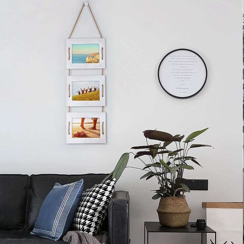 DLQuarts 5x7 Hanging Picture Frames Collage Wall Decor, 3-Opening Photo Frame 5x7 Without Mat & 3.5x5 with Mat, Rustic Wood 3-Frame, Vintage White - Image 2